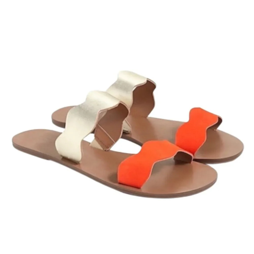 J. CREW Scalloped Metallic Leather Sandals